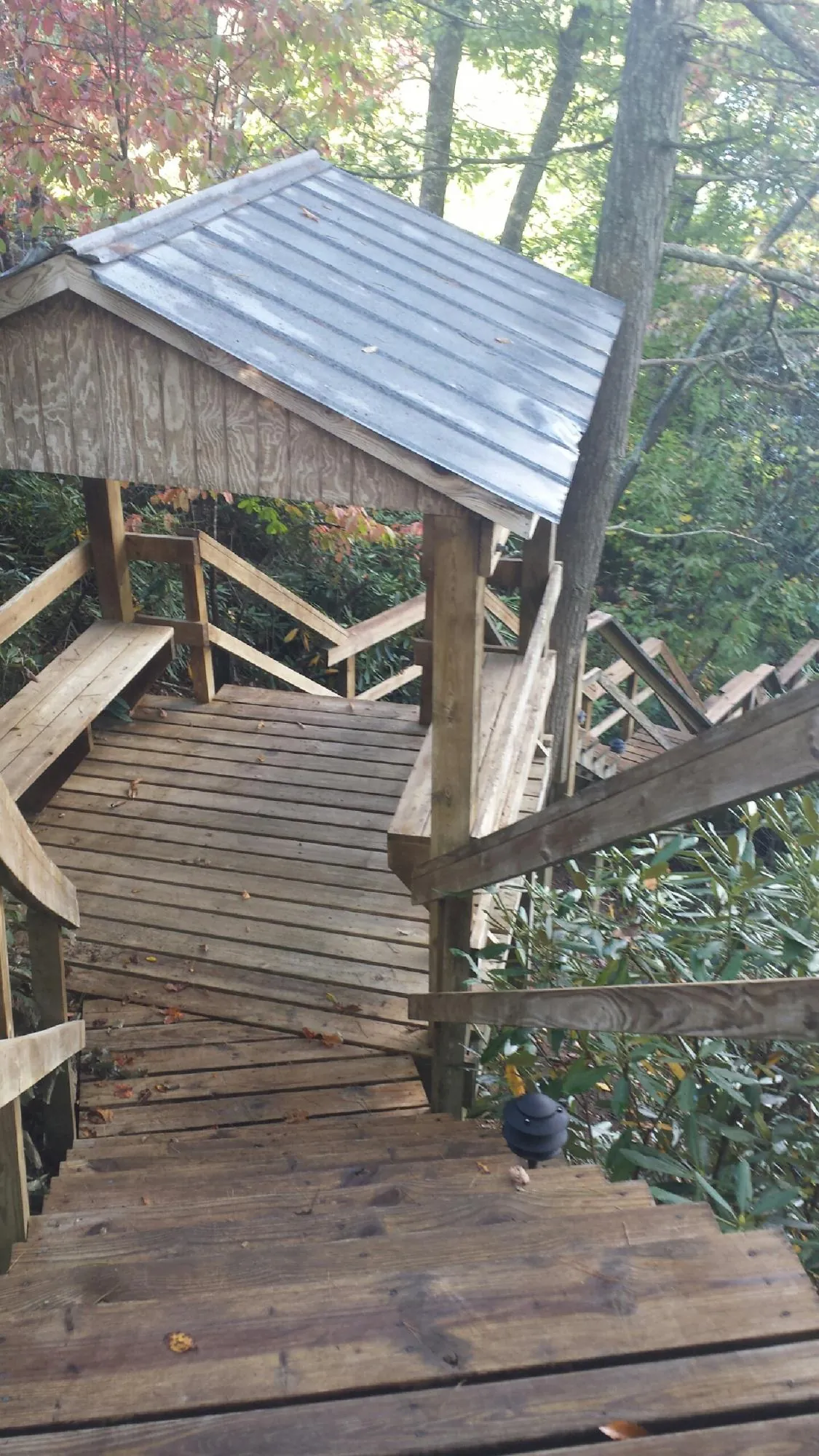 Metal roofed shelter over wooden steps on a wooded walkway — Skylight Repair & Installation work by our crew in Stirum
